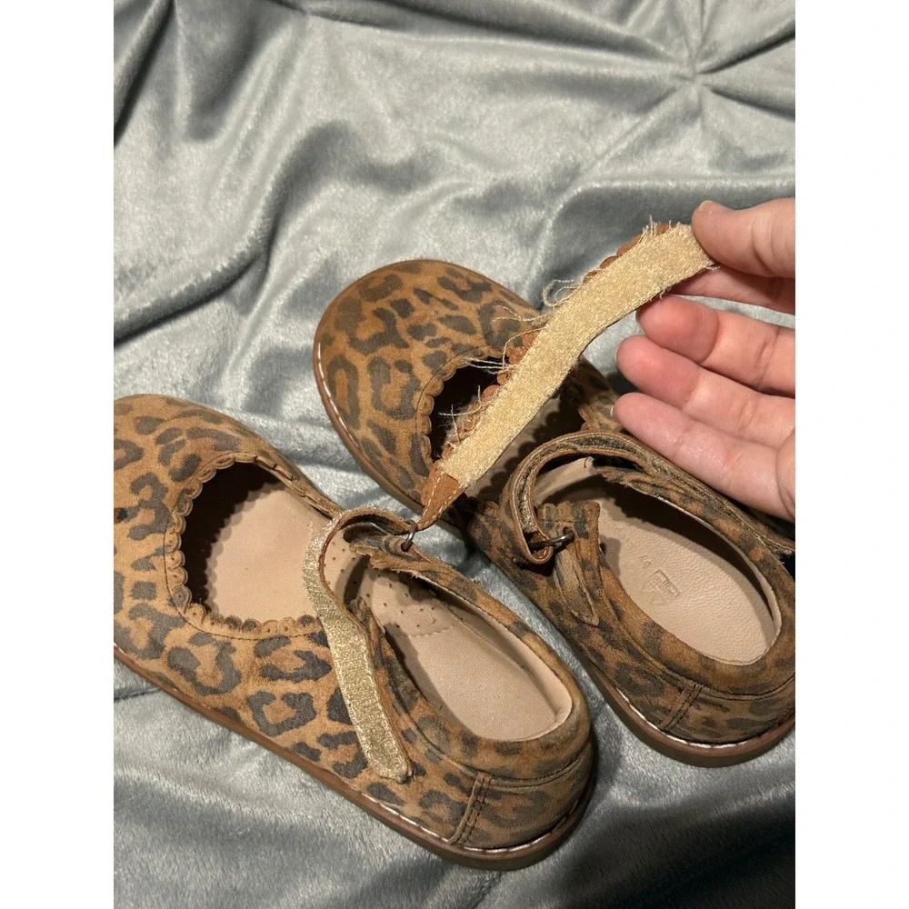 ELEPHANTITO Girl Scalloped Leather Mary Jane Leopard Brown Size 11.5 Hook & Loop